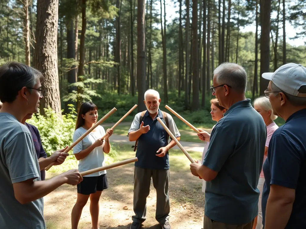 A group of participants learning the basics of baton hunting in a natural setting, demonstrating the traditional techniques and safety measures.