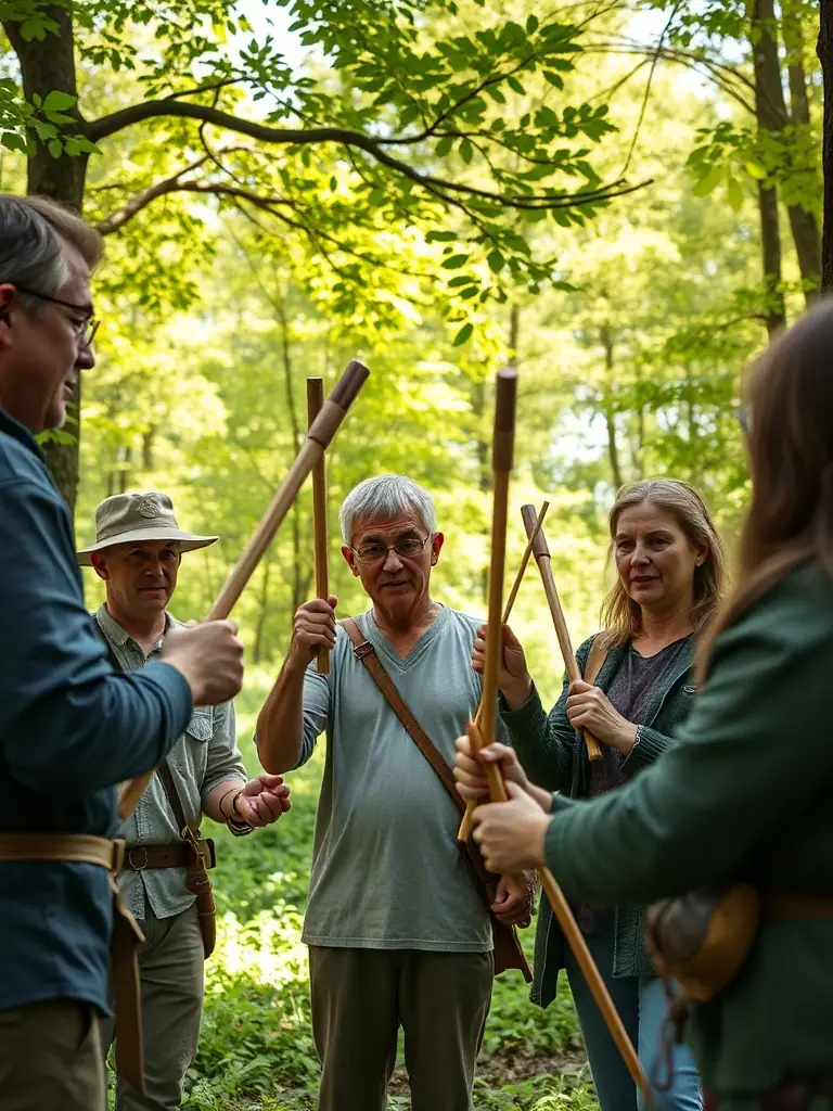 A group of volunteers participating in a baton hunting workshop, demonstrating teamwork and skill development in a natural setting.