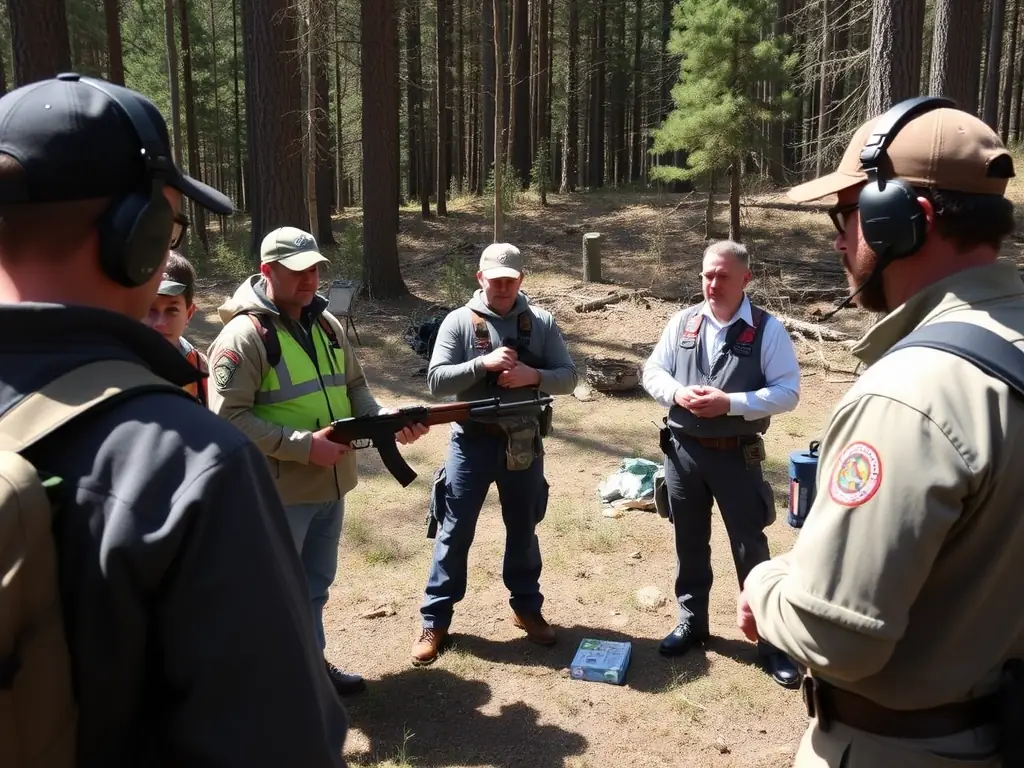 A group of participants learning the basics of baton hunting in a natural setting, focusing on safety and technique.