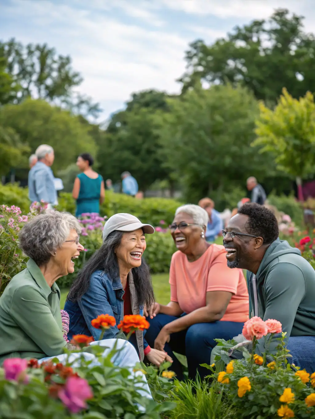 A group of smiling members participating in a community event, demonstrating the strong social bonds and camaraderie fostered by LES AMIES DE GOUEL ROCH.