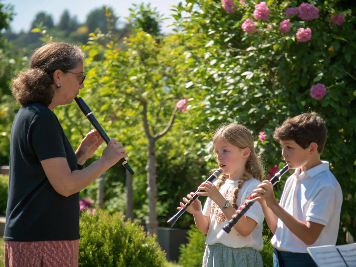 A group of community members participating in a baton hunting workshop outdoors, with instructors demonstrating techniques amidst a natural setting.