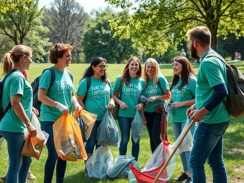 Volunteers participating in a community cleanup event in a local natural area, collecting litter and maintaining the environment.
