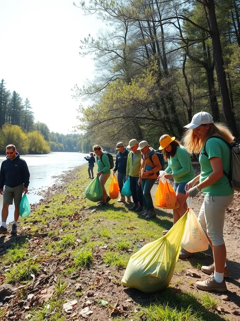 A diverse group of people cleaning up a local natural area, showcasing community involvement and environmental responsibility.