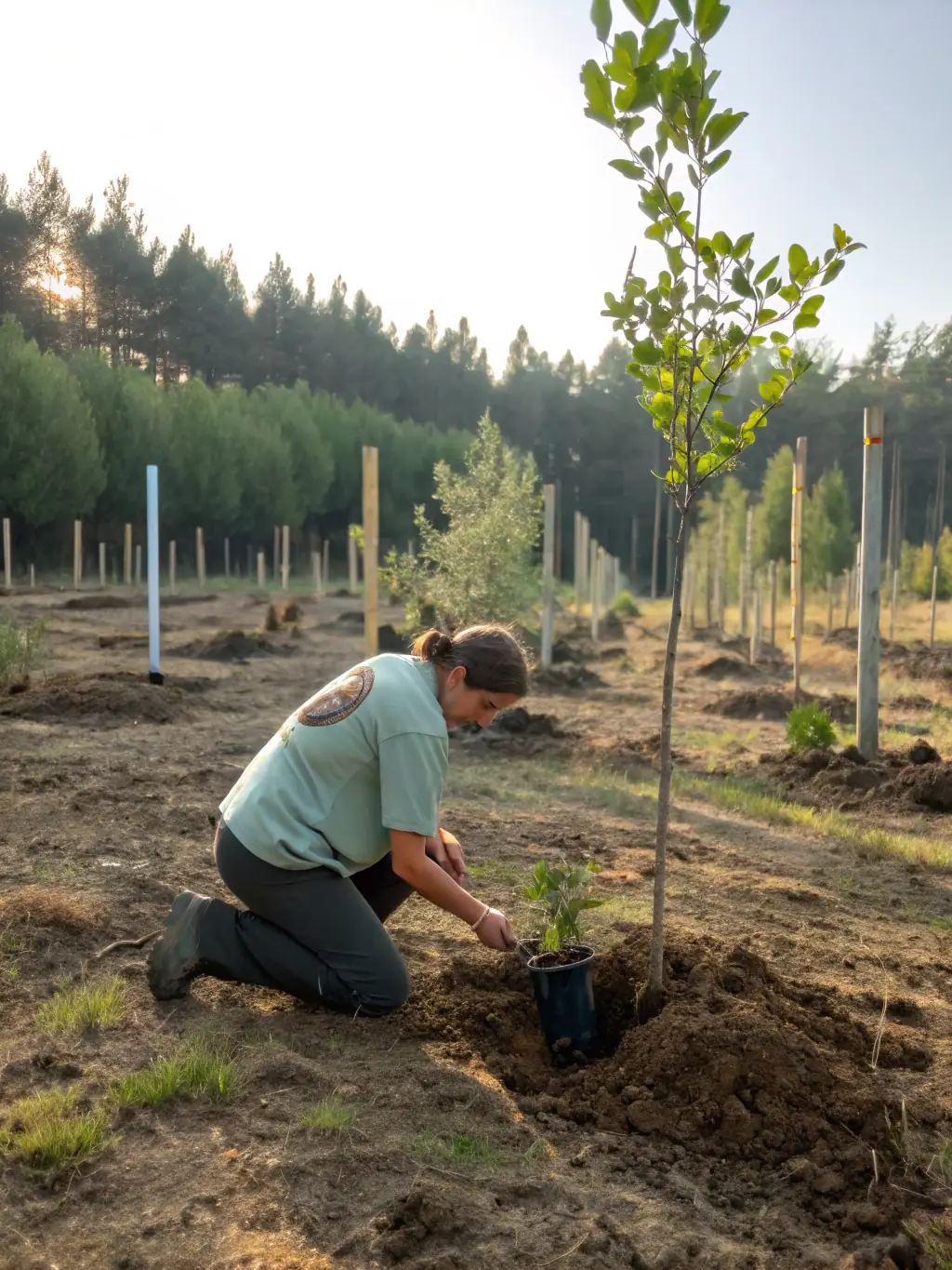 A person planting a tree in a deforested area, symbolizing environmental stewardship and the organization's commitment to sustainability.